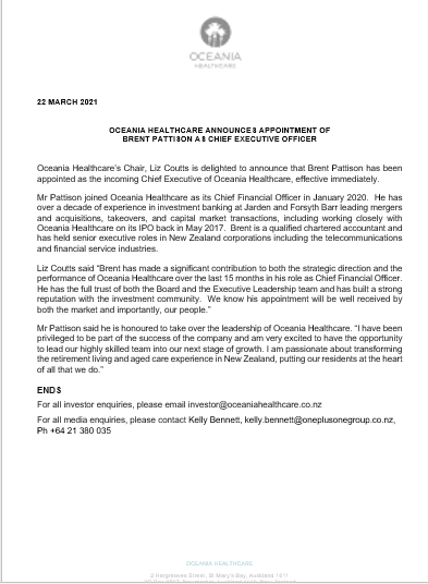 Brent Pattison CEO Appointment Oceania Healthcare