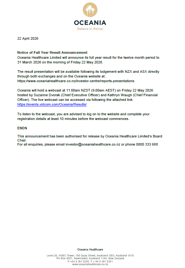 Notice of Full Year Result Announcement