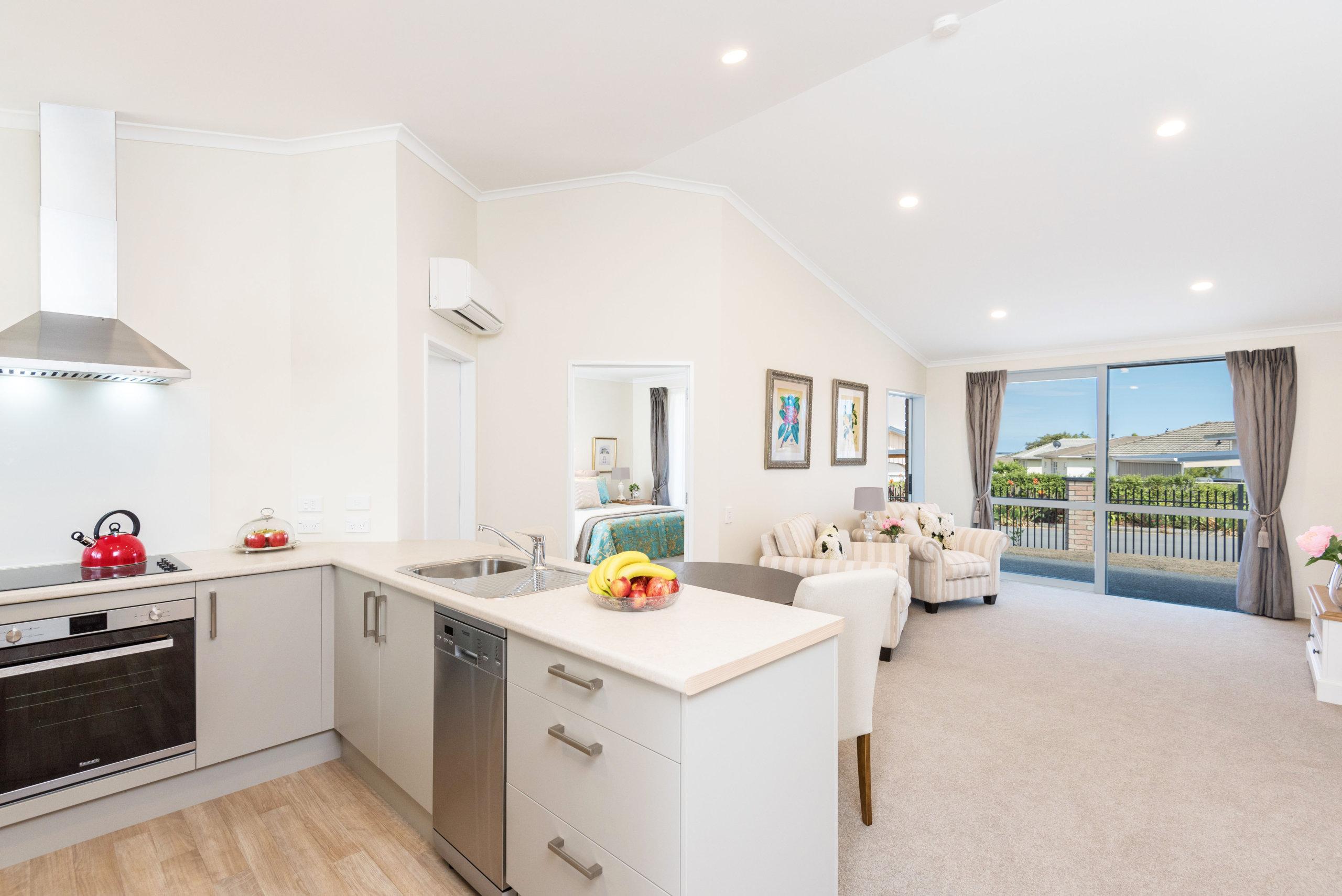 Open plan villa living room and kitchen