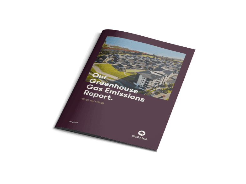 Oceania Healthcare greenhouse gas emissions report FY2022-23 cover.