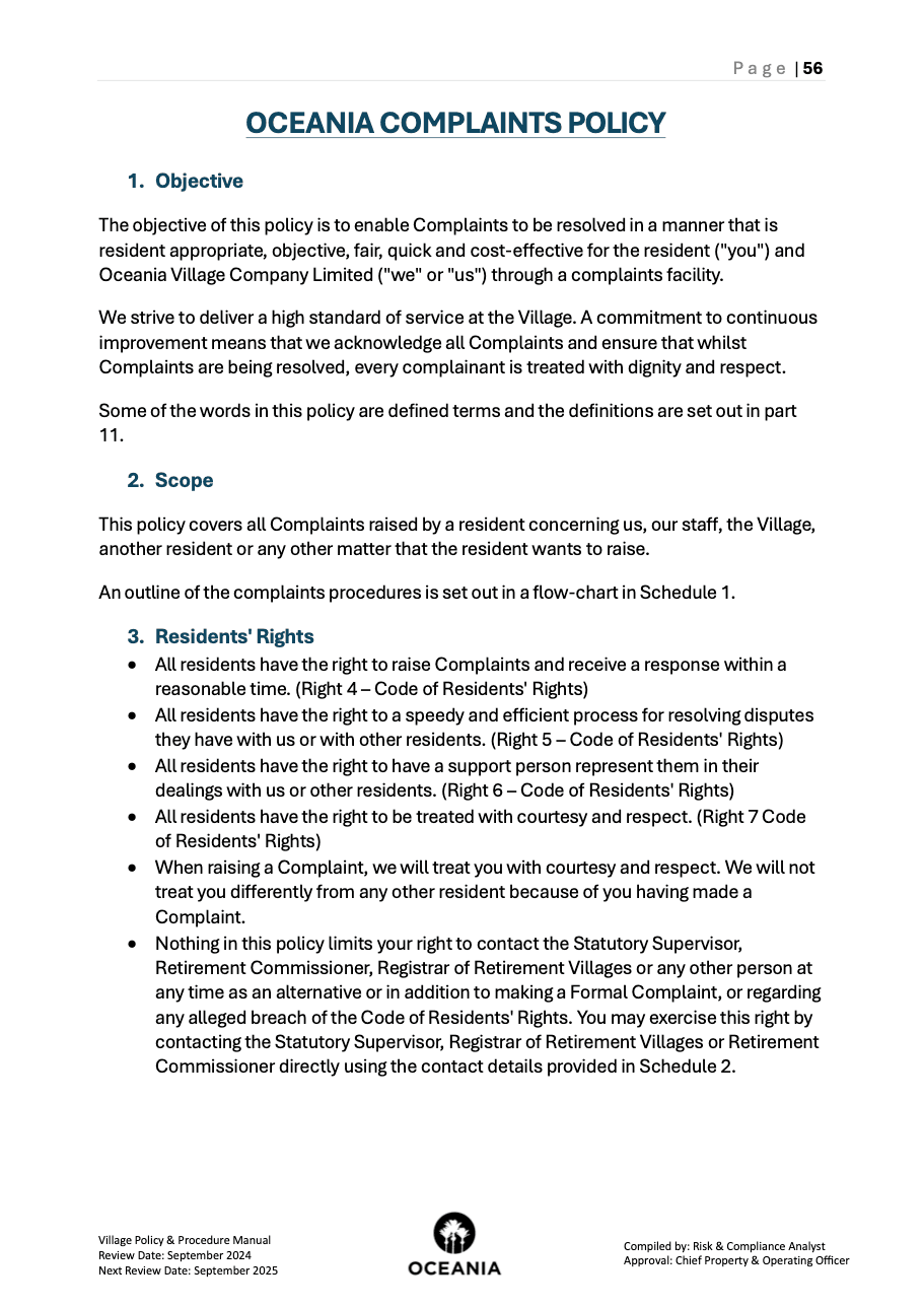 Oceania village complaints and concerns information.