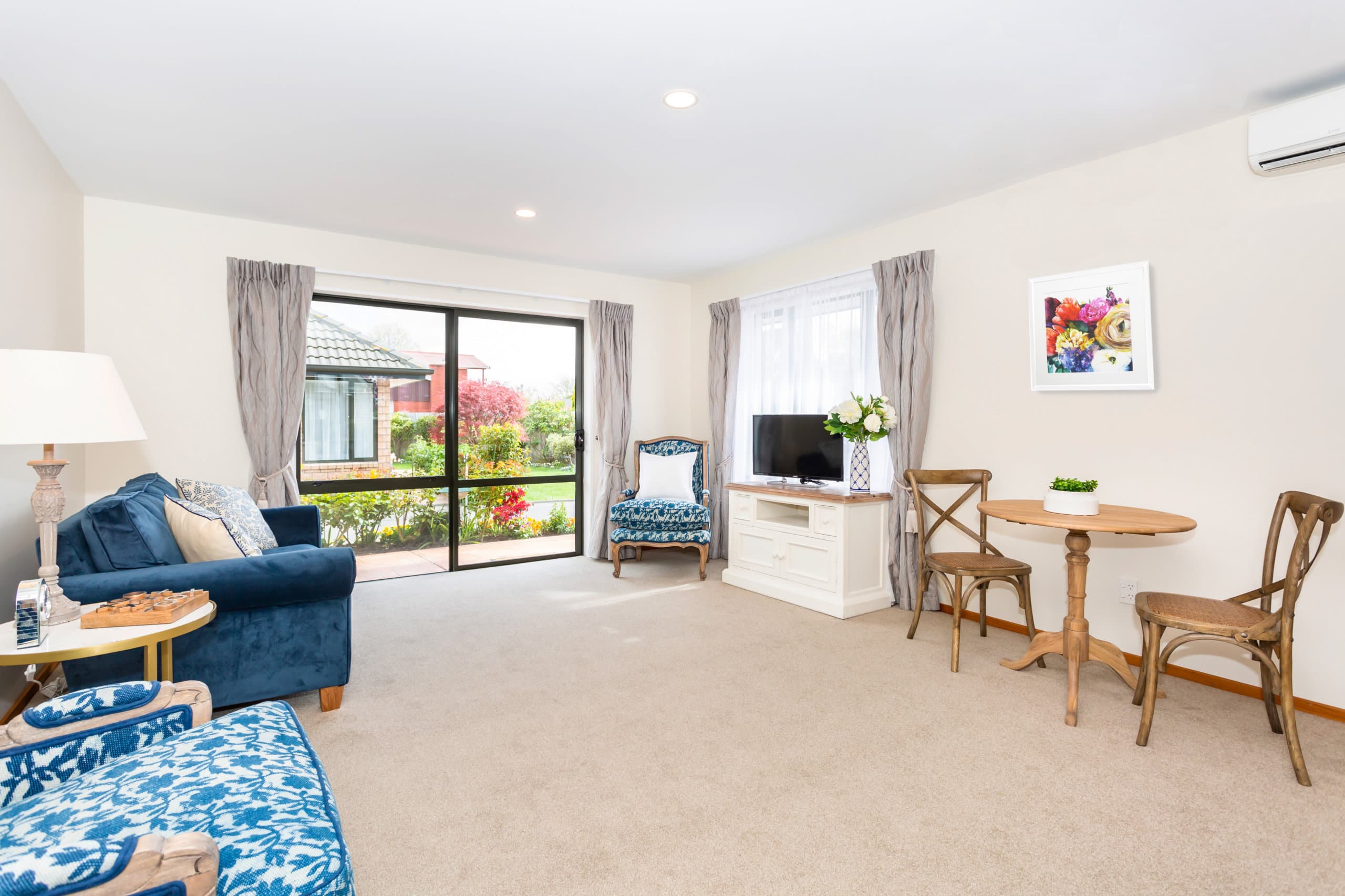 The Oaks living room with artwork