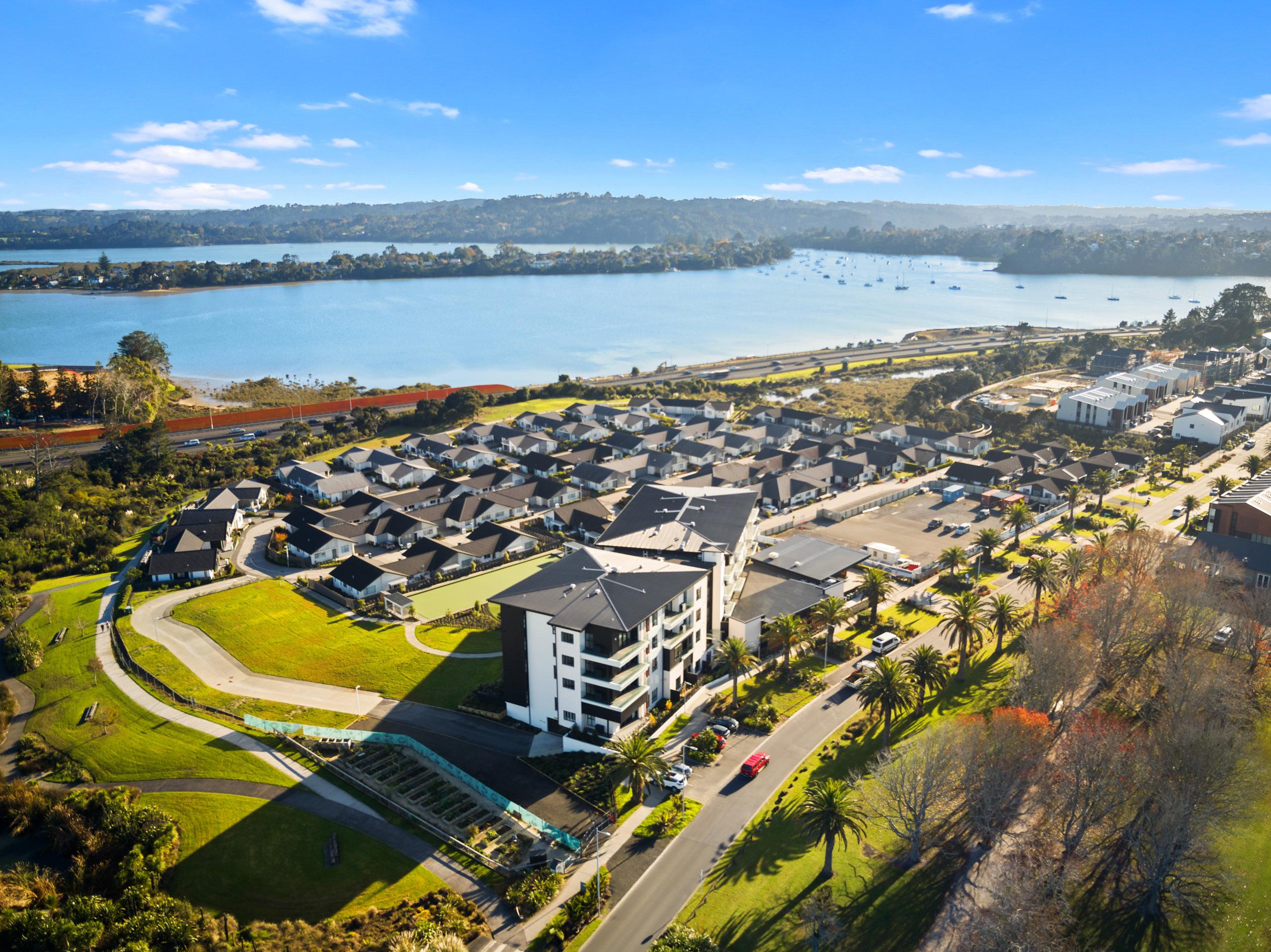 Waterford retirement village and Hobsonville Point aerial view
